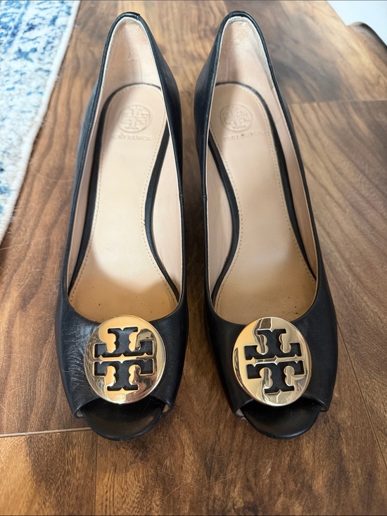 Tory Burch Shoes - Tory Burch Black Leather Peep-Toe Heels with Gold Logo Medallions